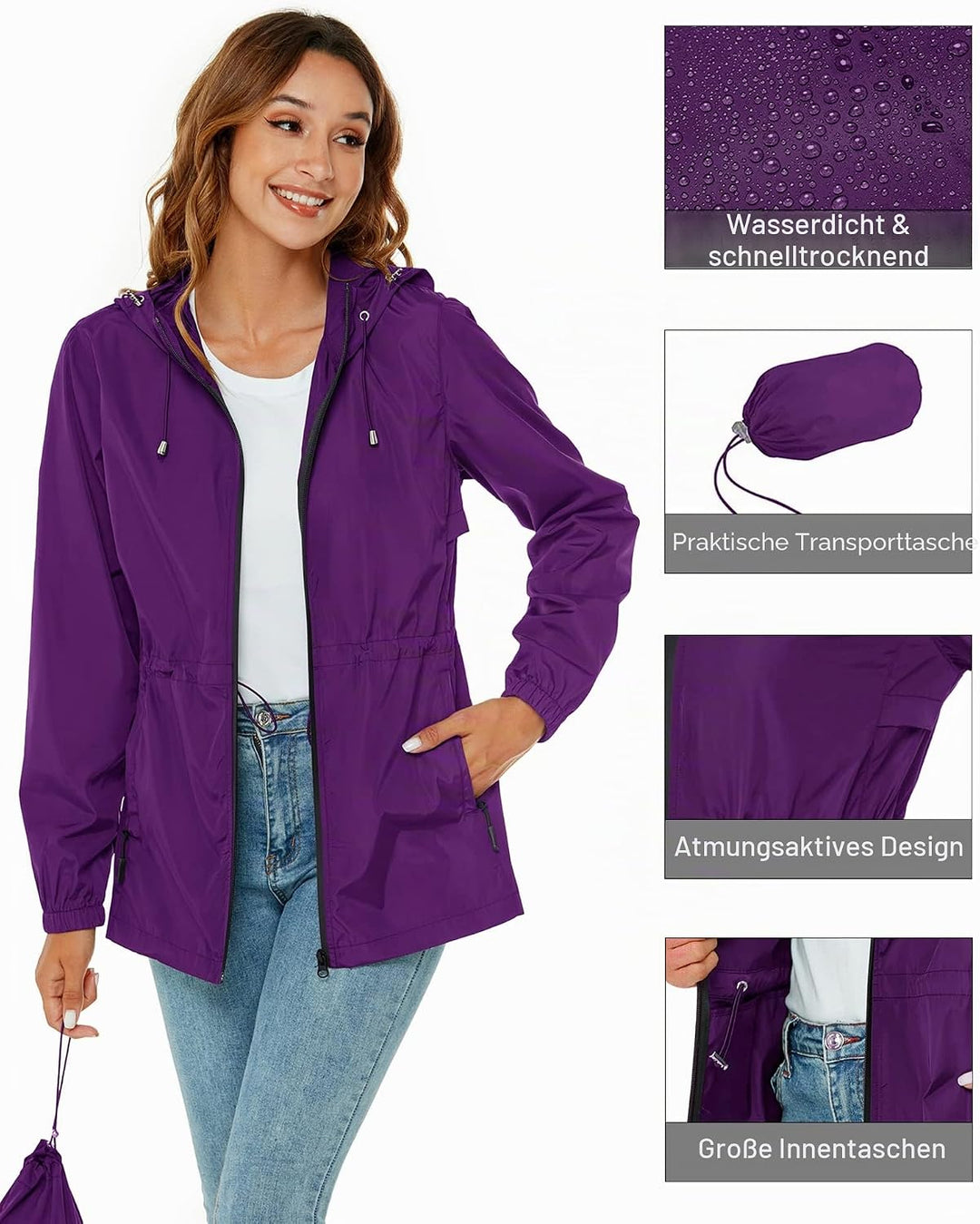 Rapbin Regenjacke Damen Wasserdicht Atmungsaktiv Leicht Outdoorjacke Windbreaker Packbare Regenmante
