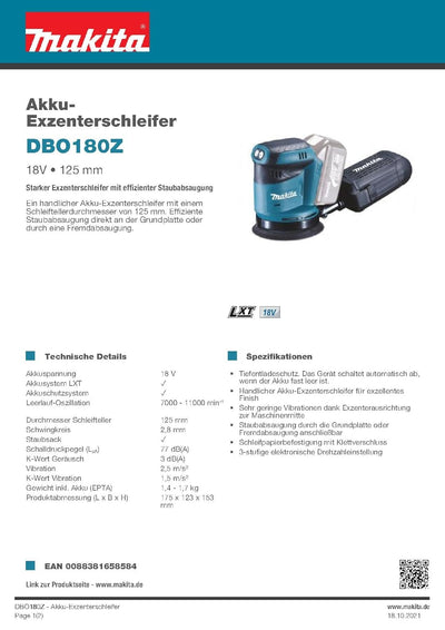 Makita DBO180Z Akku-Exzenterschleifer 18 V (ohne Akku, ohne Ladegerät), Blau, Silber, 125 mm