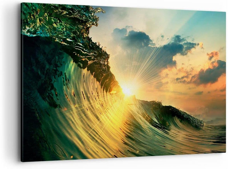 Bilder auf Leinwand 100x70cm Leinwandbild mit Rahmen Meer Welle Wasser Gross Wanddeko Bild Schlafzim