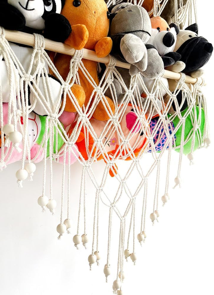 Stofftier-Hängematte, 2 Ebenen, Holz-Hänge-Spielzeug-Organizer, Boho, platzsparender Spielzeug-Organ