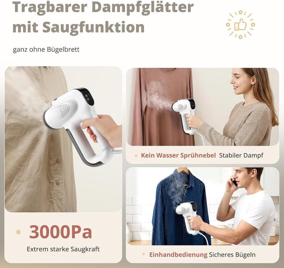 Steamer Dampfglätter mit Saugfunktion, 3000Pa Saugleistung Grosser Abnehmbar Wassertank Tragbares Re