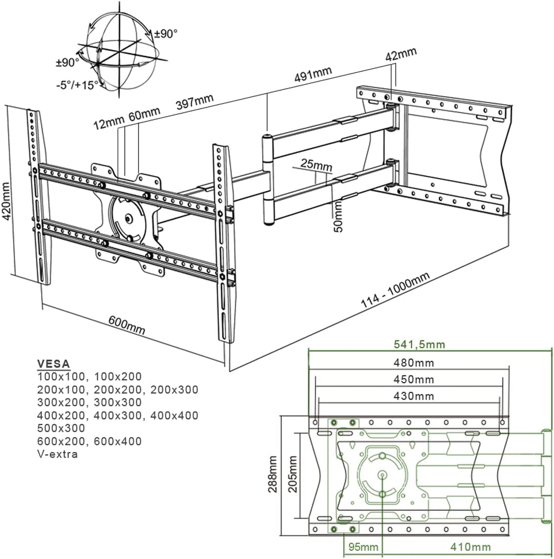 XTRARM TiTon 100 cm Wandabstand TV Wandhalterung, Langer Schwenkarm, neigen, schwenken, rotieren, au