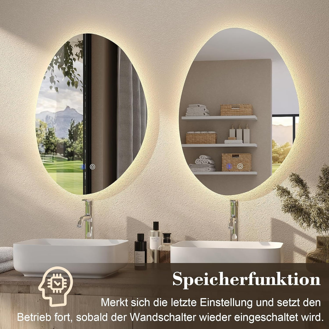 Badspiegel mit Beleuchtung, Badezimmerspiegel Asymmetrisch 43 x 60 cm, LED Spiegel Bad, mit 3 Lichtf