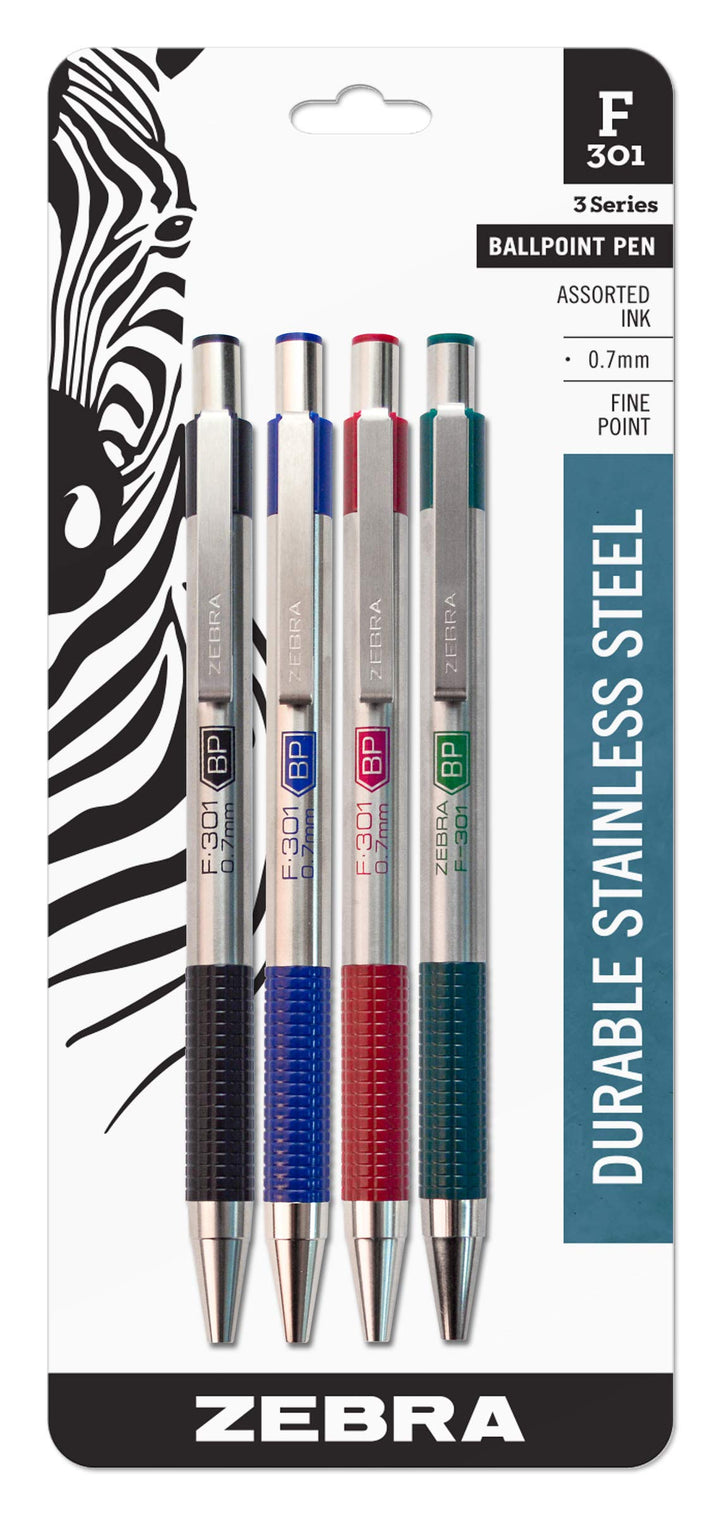 Zebra F-301 Stainless Steel Retractable Ballpoint Pen, 0.7mm, Business Assorted, (27174) by Zebra Pe
