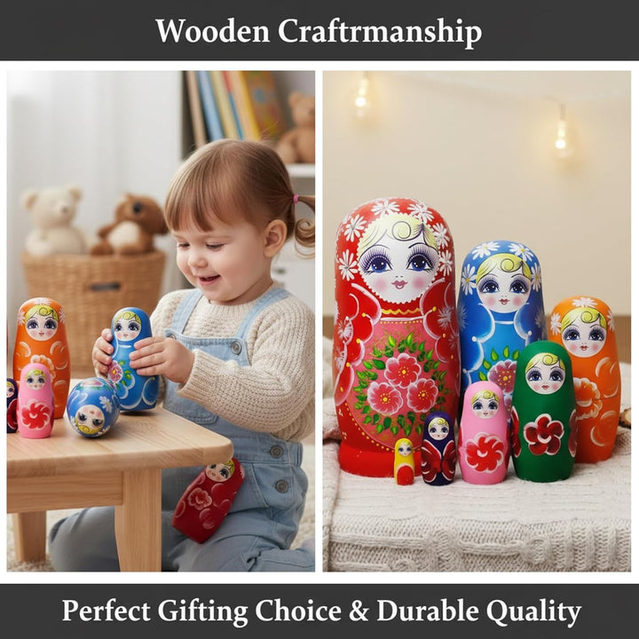 Set mit 7 russischen Nistpuppen, Matroschka-Puppe aus Holz mit Sonnenblumenmuster für Kinder und Erw