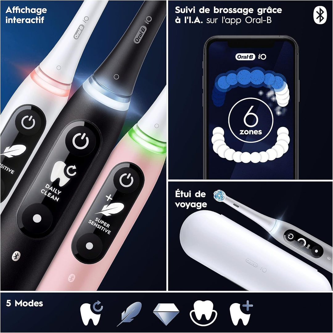 Oral-B iO Series 6N Elektrische Zahnbürste, Bluetooth, 5 Putzmodi, 2 Bürsten, 1 Reisetasche, Weiss/R