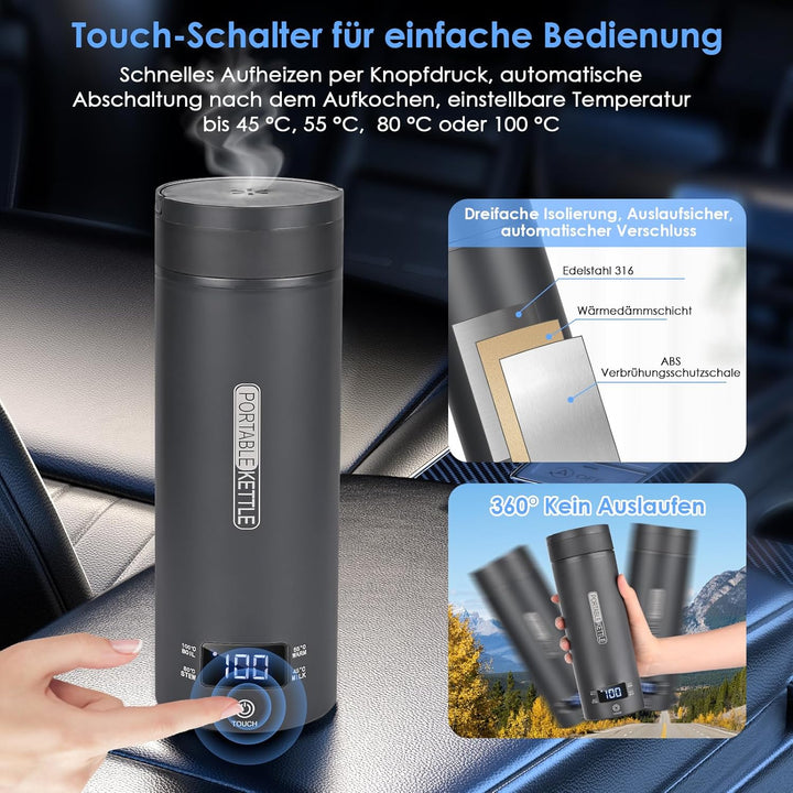 Dreamhigh® Reisewasserkocher, 450ml Mini Wasserkocher, 96W Wasserkocher Klein aus Edelstahl, Auto Wa