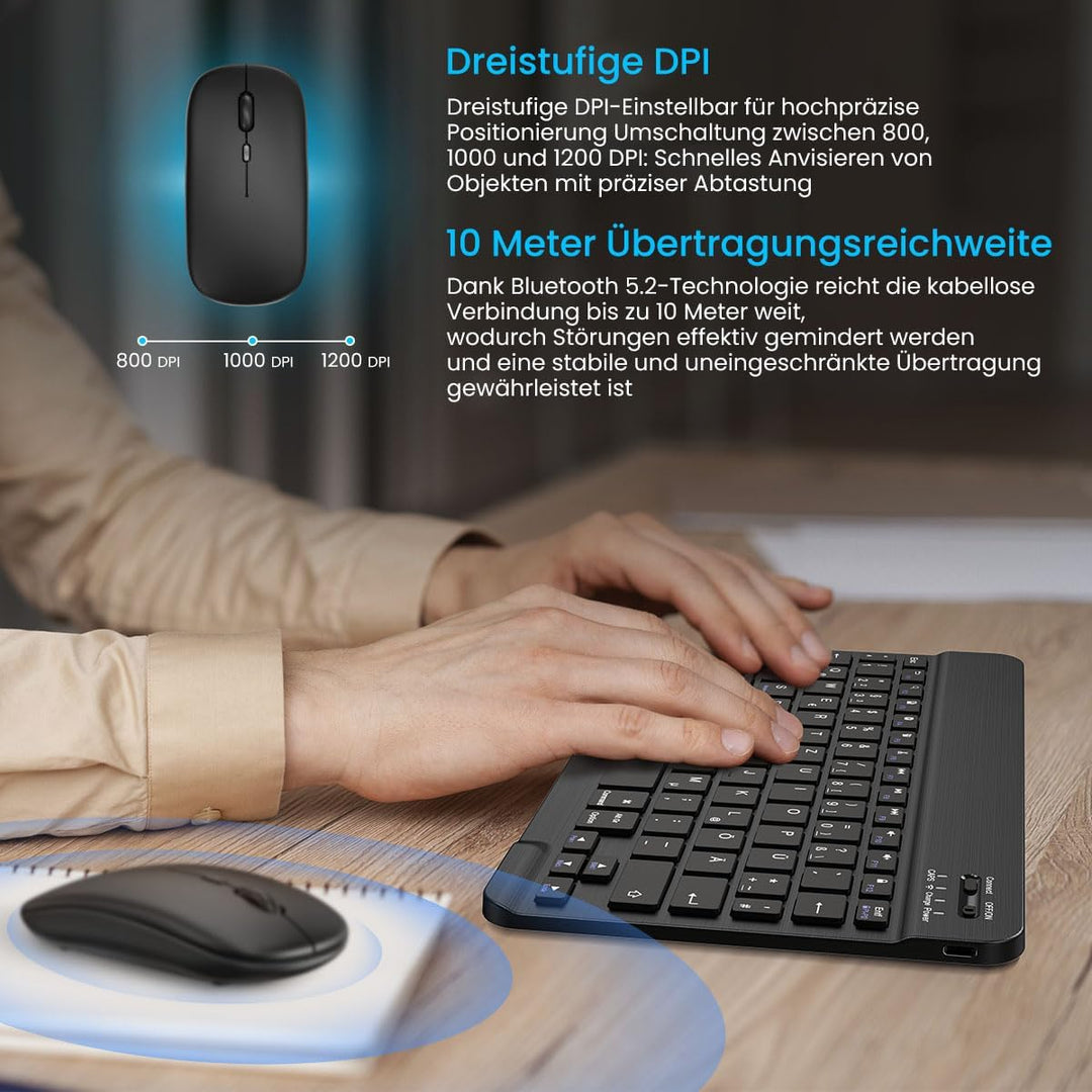 PINKCAT Bluetooth Tastatur Maus Set, Deutsches QWERTZ Layout Slim Wiederaufladbare Tastatur mit inte
