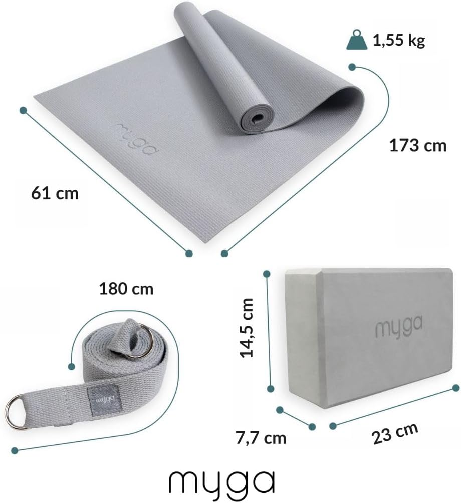 Myga Yoga-Starter-Set – Yogamatte, Yoga-Blöck Ziegel & Metall D-Ring Yoga-Gurt – Starter Kit für Anf