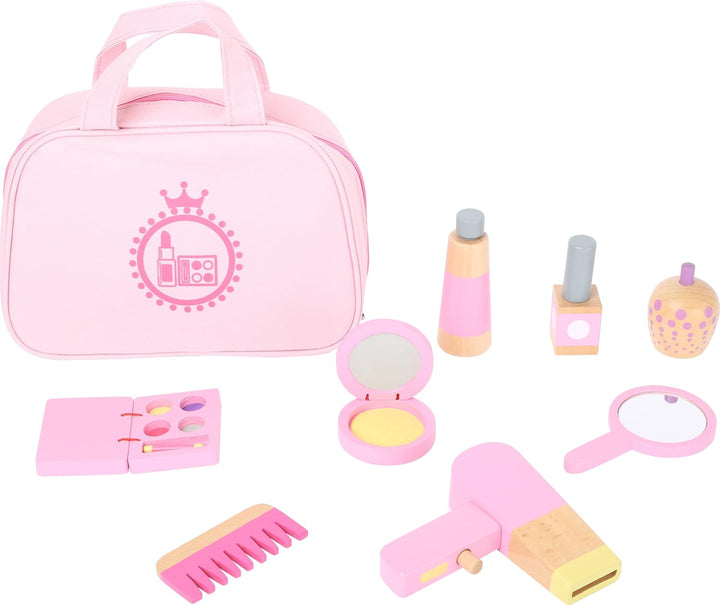 Small Foot 10607 Make-up Spielset aus Holz in rosa für Kinder, lustiges Rollenspiel in Tragetasche S