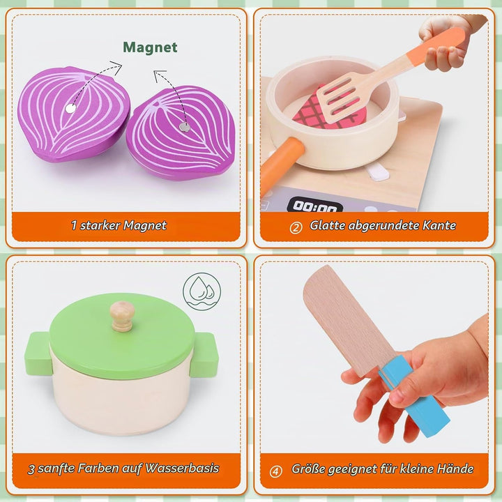 Kinderküche Zubehör Holz, Spielküche Zubehör, Holzspielzeug Inklusive Topfset Küchenspielzeug und Ob