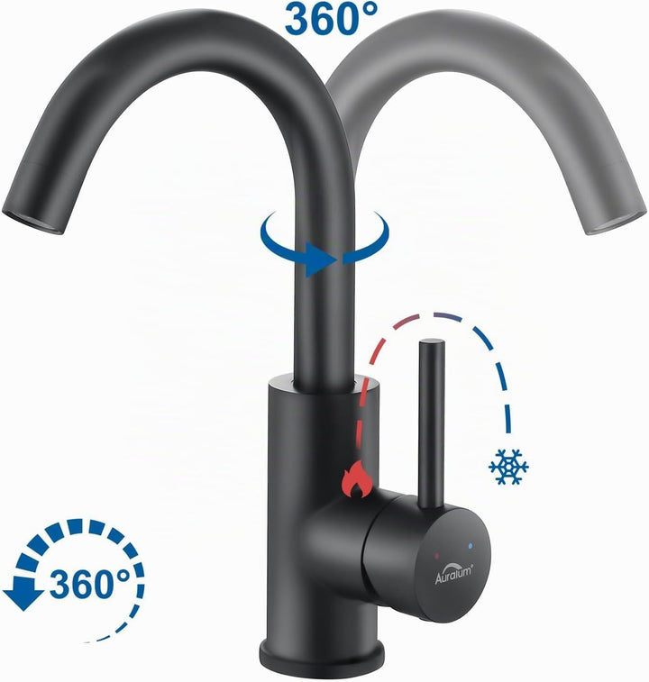 Auralum Waschtischarmatur Schwarz Matt, Armatur Waschbecken 360 Grad drehbar,Wasserhahn Bad mit 60CM