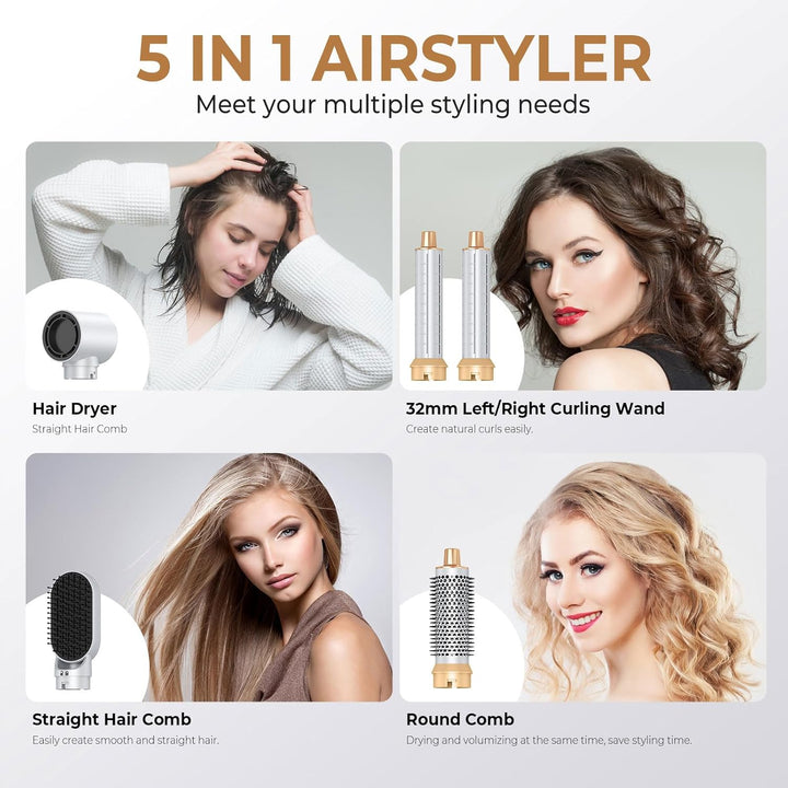 Föhnbürste 5 in 1,Air Styler, 30mm Air Curling, 1000W Haartrockner, 3 Temperatur und Windgeschwindig