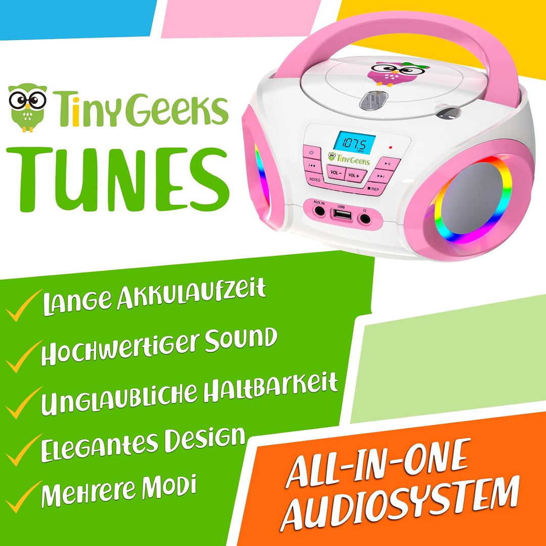 TinyGeeks Tunes Kids Boombox CD-Player für Kinder NEU 2024 + UKW-Radio + Inklusive Batterien + Blaue