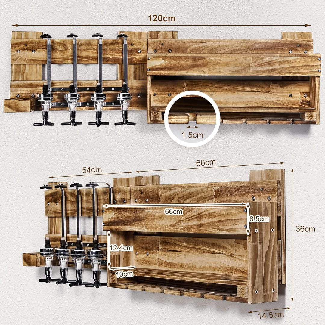 Yorbay Weinregal Palette beflammt Holz, Wandbar mit 4 Getränkespender Wand Flaschenhalter Flaschenha