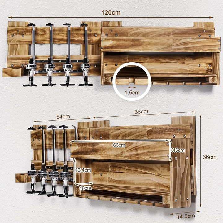 Yorbay Weinregal Palette beflammt Holz, Wandbar mit 4 Getränkespender Wand Flaschenhalter Flaschenha