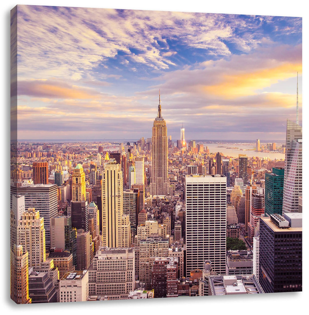 Pixxprint Skyline von New York bei Sonnenuntergang, Format: 70x70 auf Leinwand, 70x70