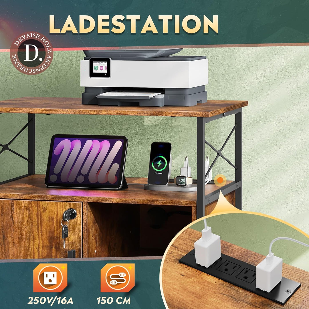 DEVAISE Druckertisch mit Ladestation, Rollcontainer mit Rollen und offenen Ablagen, Druckerschrank a