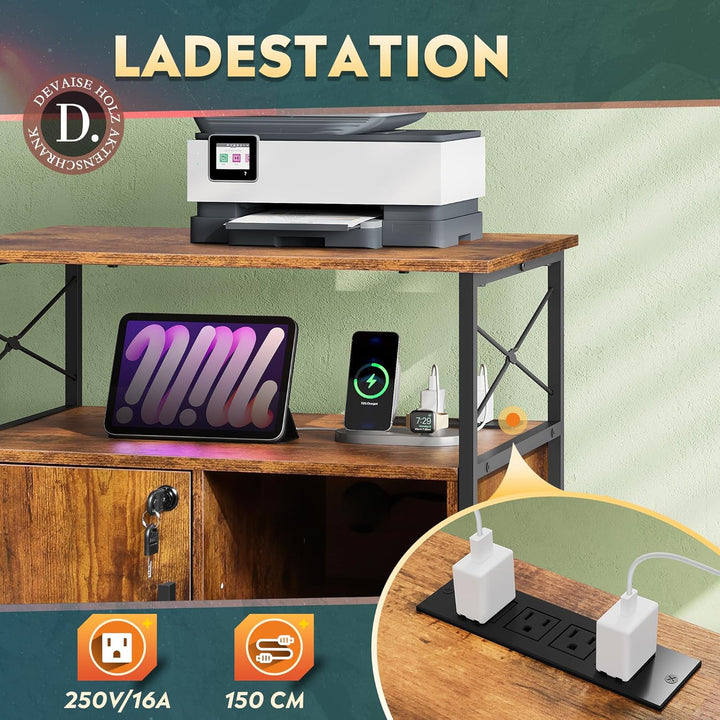DEVAISE Druckertisch mit Ladestation, Rollcontainer mit Rollen und offenen Ablagen, Druckerschrank a