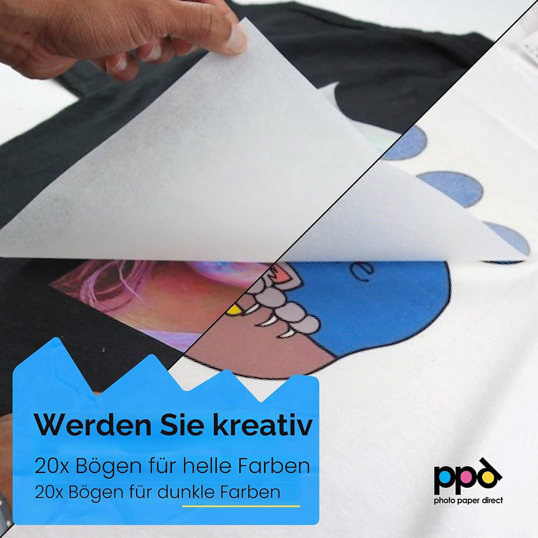 PPD 40 x A4 Inkjet Premium Transferpapier Hell/Dunkel, für Bügeleisen und Transferpresse PPD-5-40