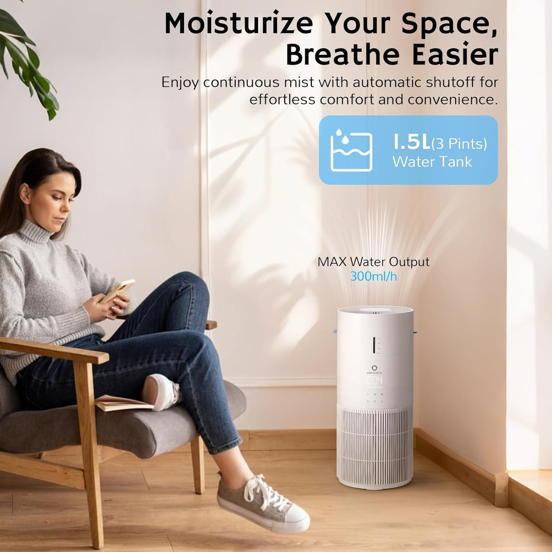 Airthereal 2-in-1 Luftreiniger mit Luftbefeuchter für bis zu 125 m², 3-Stufen-Filter, Luftqualitätsa