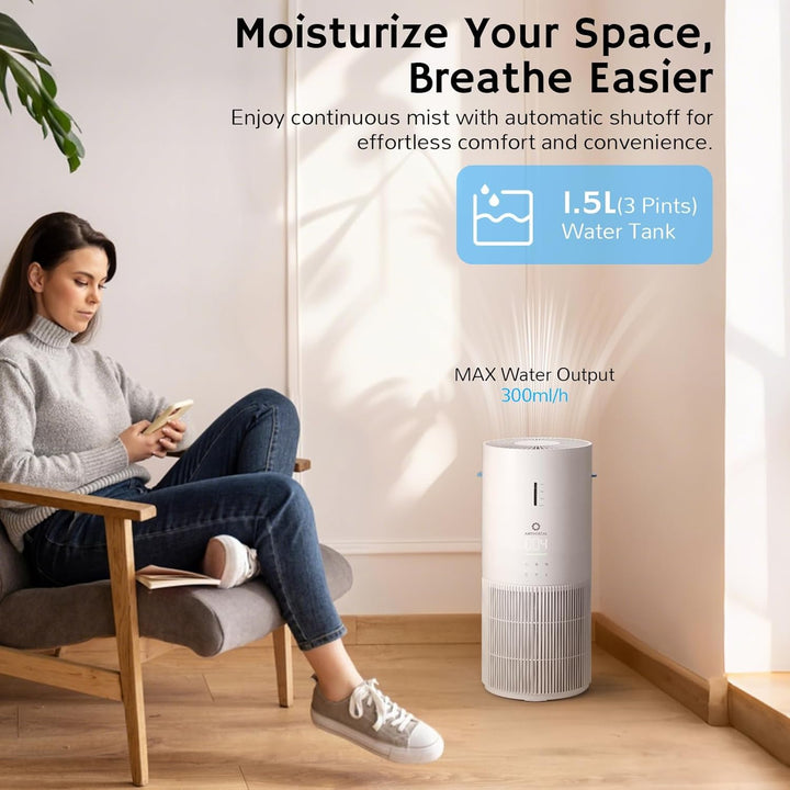 Airthereal 2-in-1 Luftreiniger mit Luftbefeuchter für bis zu 125 m², 3-Stufen-Filter, Luftqualitätsa