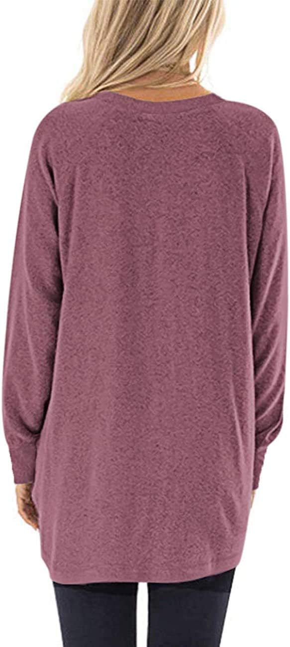 AUSELILY Damen Langarmshirts Rundhals T Shirts Blusen Tunika Sweatshirt Pullover Mit Taschen Weinrot