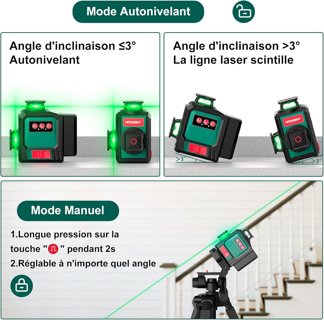 HYCHIKA Kreuzlinienlaser mit Stativ, 3x360 ° Grün Selbstnivellierend Laser Wasserwaage, Kreuzlaser L