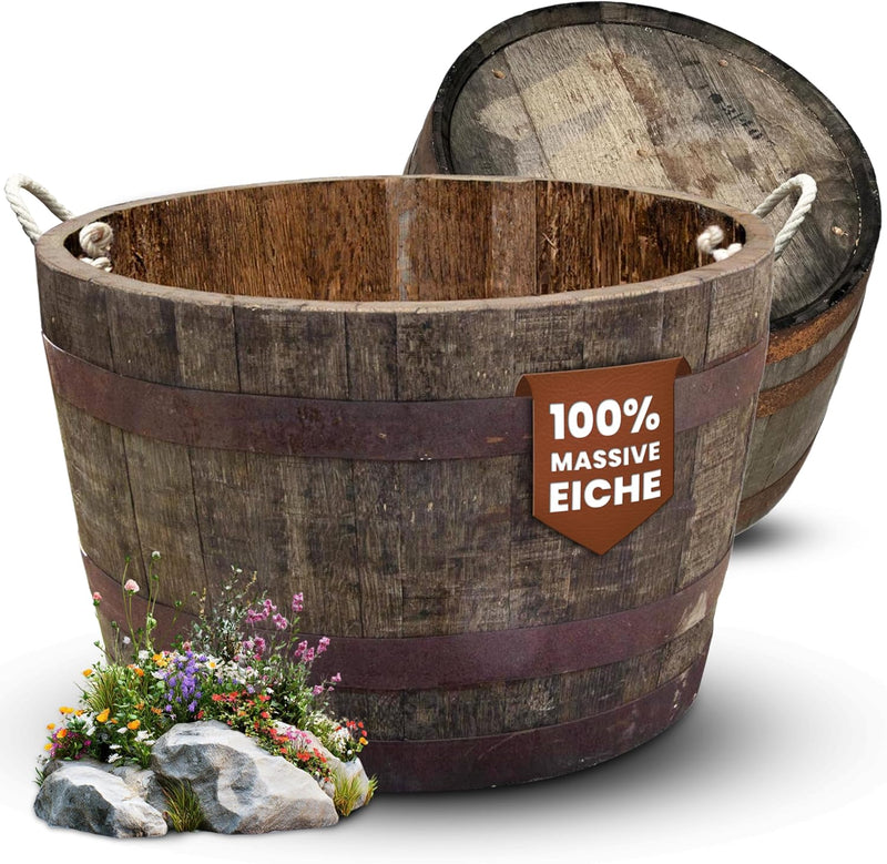 Halbes Fass aus original schottischen Whiskyfass rund (Natur - mit Schlaufen und Ablaufbohrungen)