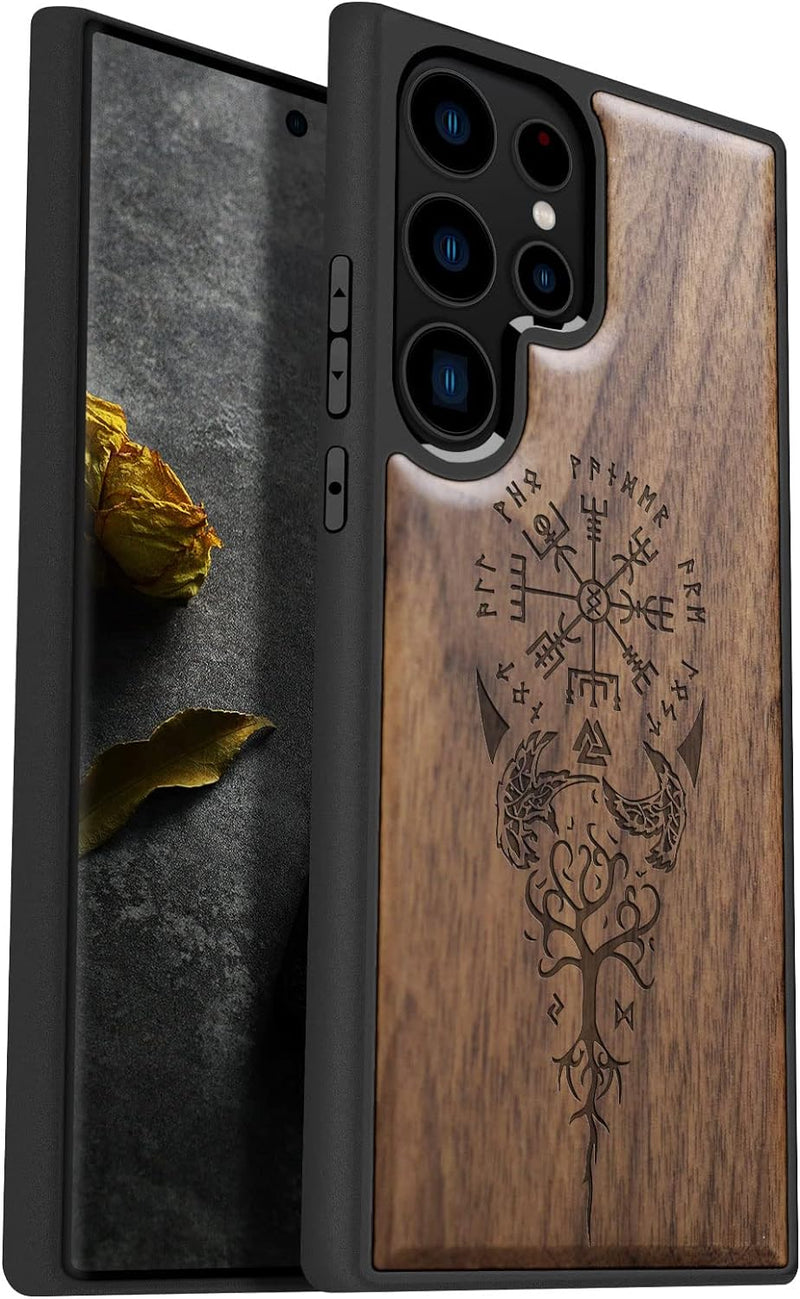 Carveit Handyhülle für Galaxy S23 Ultra Case [Holz und TPU Silikon Hybrid hülle] Stossfeste Stosssta