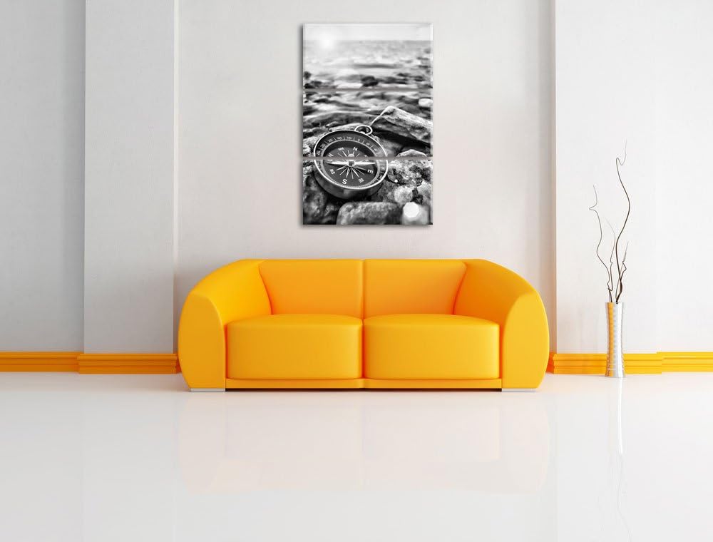 Pixxprint Kompass auf Steinen Heimat als Leinwandbild/Grösse: 3 Teilig (120x80) cm/Wandbild/Kunstdru