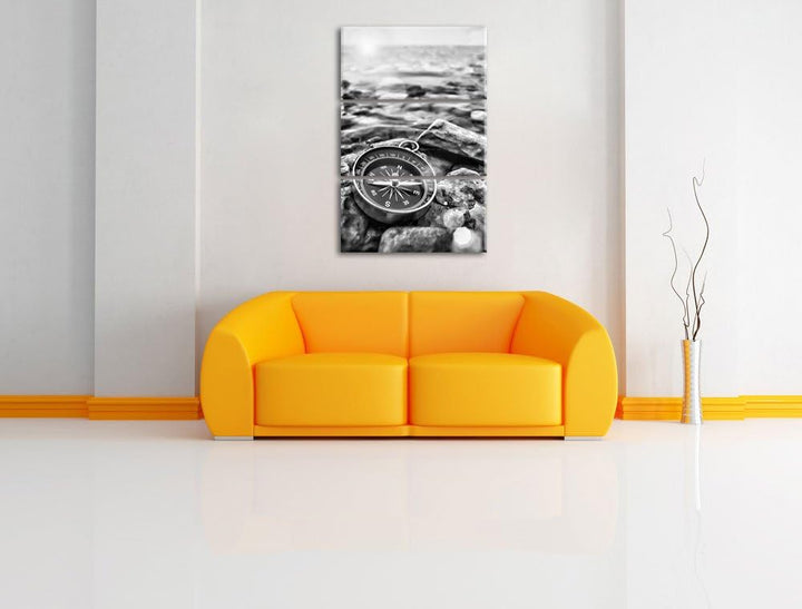 Pixxprint Kompass auf Steinen Heimat als Leinwandbild/Grösse: 3 Teilig (120x80) cm/Wandbild/Kunstdru
