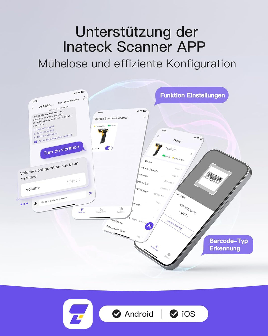 Inateck Barcode Scanner Kabellos, 1D 2D QR Code Scanner, 3-in-1 Handscanner mit Bluetooth, 2,4 GHz u
