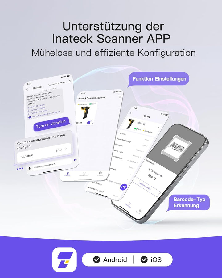Inateck Barcode Scanner Kabellos, 1D 2D QR Code Scanner, 3-in-1 Handscanner mit Bluetooth, 2,4 GHz u