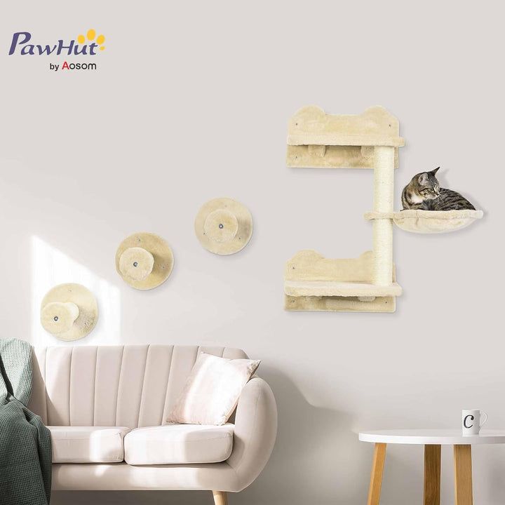 PawHut Kletterwand Katzen 4-teilig Katzen Kletterwand Set mit Sprungturm, 3 Kratzbäume, Kratzbaum mi