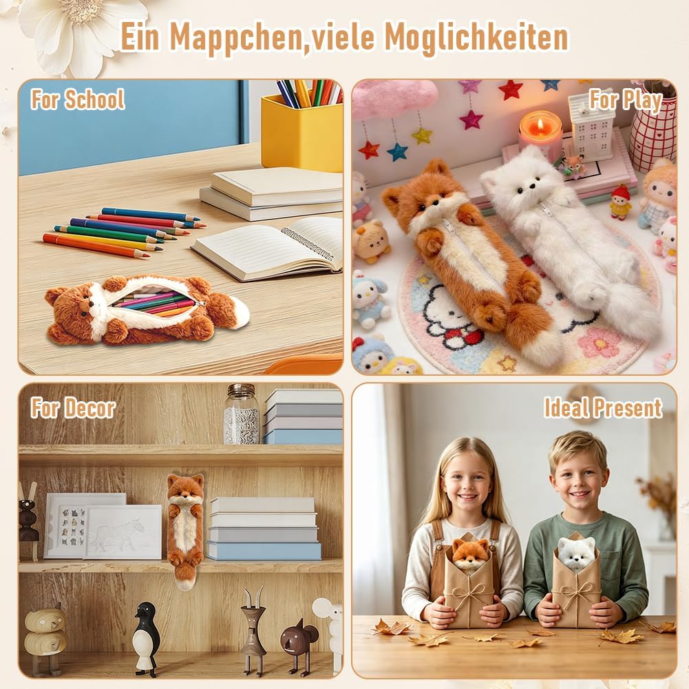 2er Set Plüsch Federmäppchen mit Fuchs Motiv, Weiss &amp; Braun
