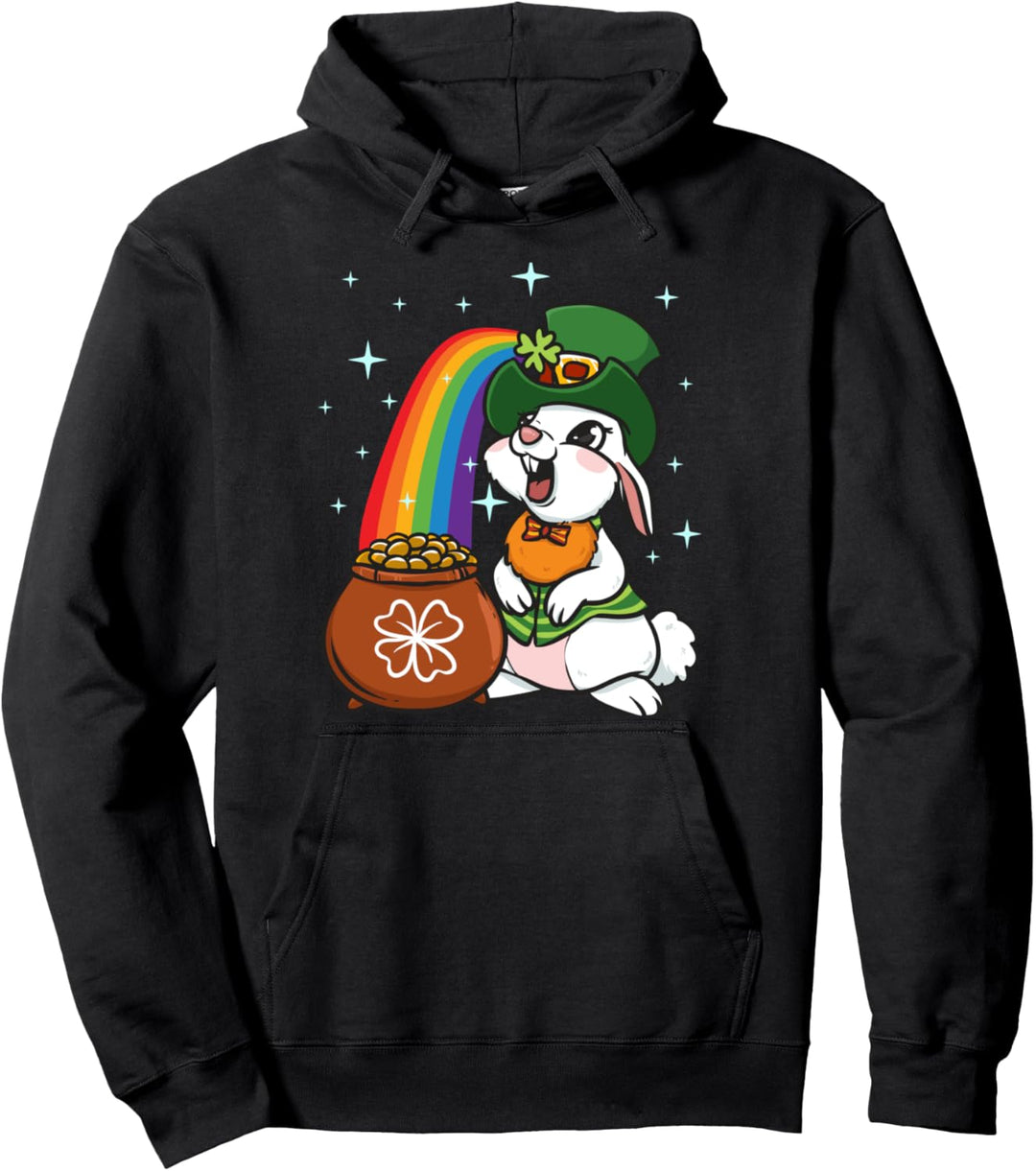 Golden Pot Of Coins St Patricks Day Bunny Kobold Lucky Pullover Hoodie