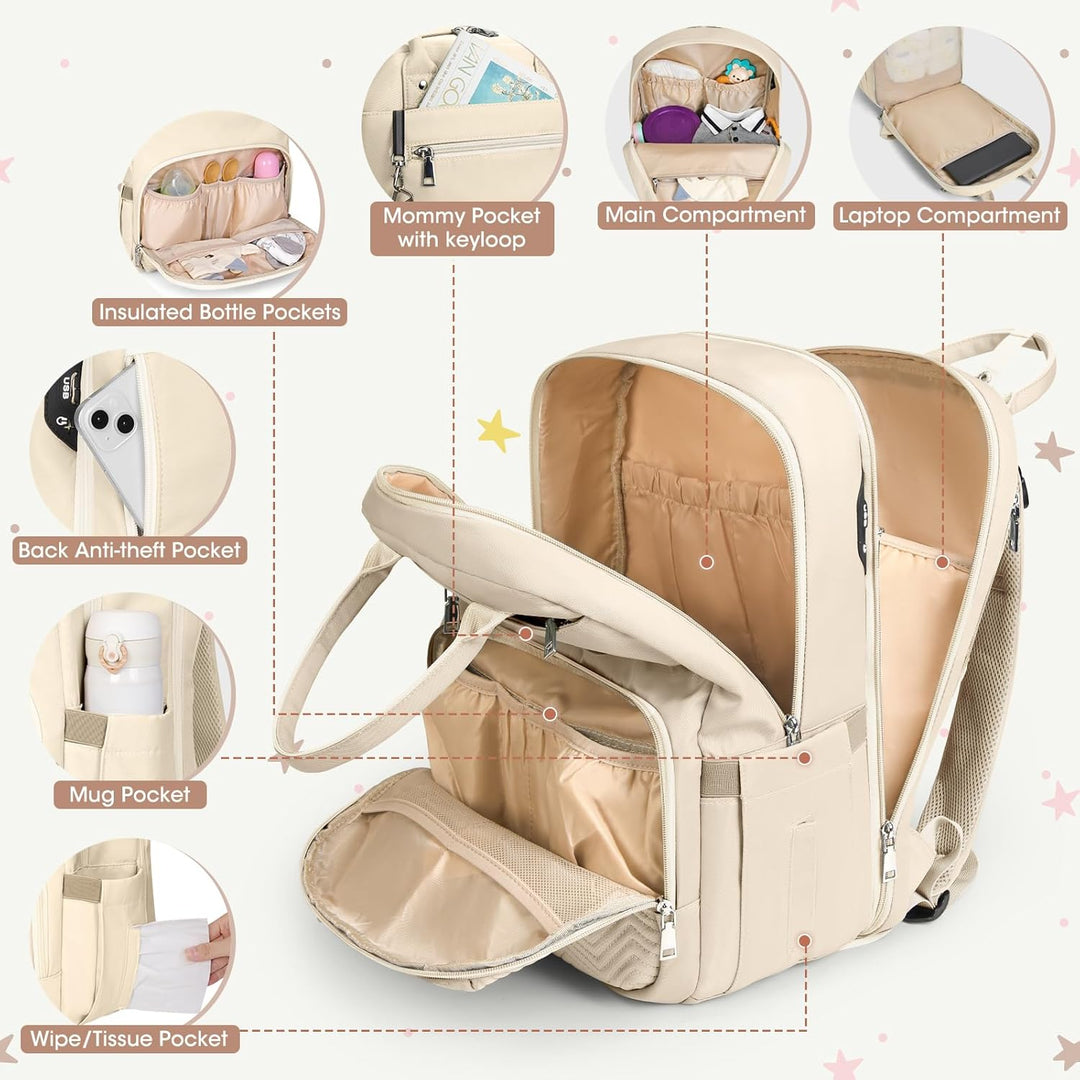 RAINSMORE Wickelrucksack Baby Wickeltasche Rucksack mit Wickelunterlage Unterwegs Gross Diaper Bag M