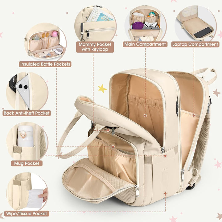 RAINSMORE Wickelrucksack Baby Wickeltasche Rucksack mit Wickelunterlage Unterwegs Gross Diaper Bag M