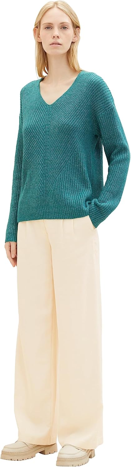 Tom Tailor Damen 1042956 RIPP Strickpullover mit V-Ausschnitt S 32402-ever Green Melange, S 32402-ev