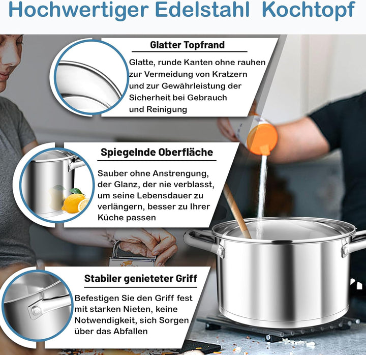 TEAMFAR Kochtopf, 20cm Edeastahl Topf Nudeltopf Induktion mit 3-Lagen Boden für alle Herdarten, 3,8L