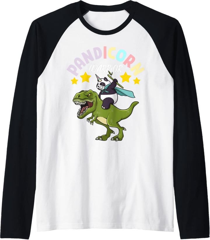 Kids Cartoon Kawaii Pandicorn Warrior Panda Bear Dinosaur Raglan