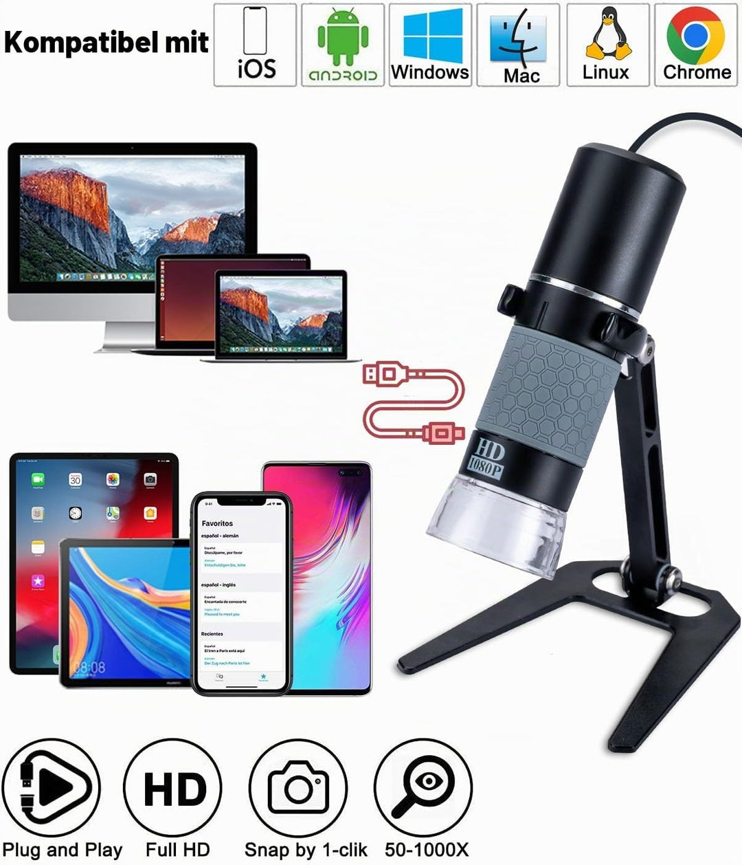 Jiusion 1080P USB Digitales Handheld Mikroskop, 50 bis 1000X Vergrösserung Endoskop Full HD 1920x108