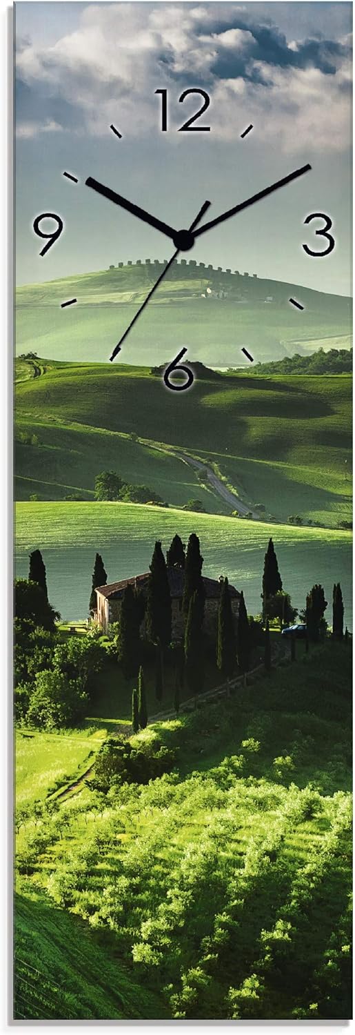 ARTLAND Wanduhr ohne Tickgeräusche Glas Funkuhr 20x60 cm Rechteckig Lautlos Toskana Natur Landschaft