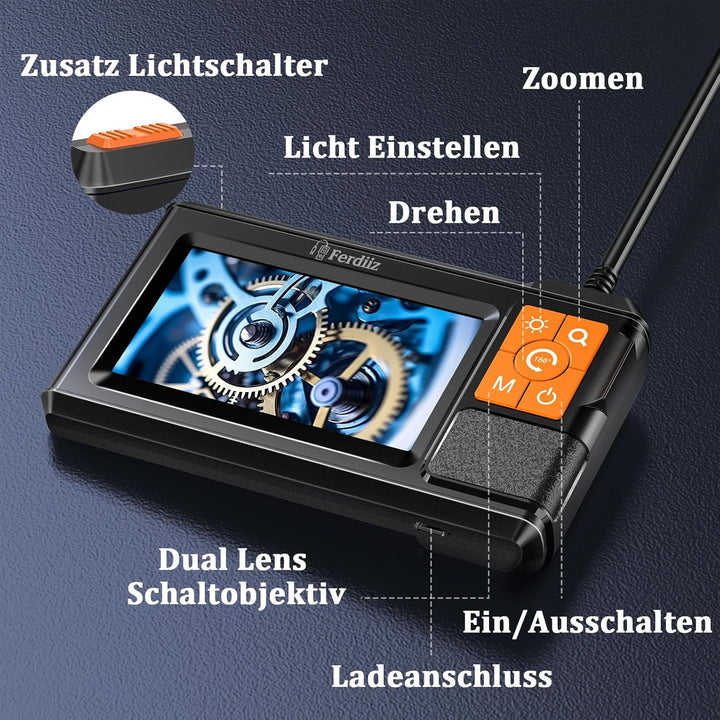 Endoskopkamera mit Licht Ferdiiz, 1080P HD Doppellinsen-Inspektionskamera mit 4,3-Zoll-IPS-Bildschir