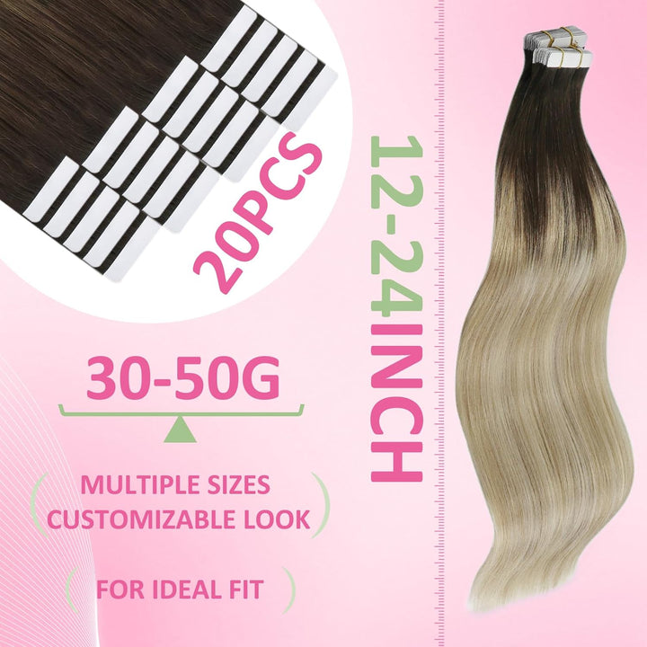 YoungSee Tape Extensions Echthaar Balayage 40 cm Extensions Echthaar Tape Dunkelbraun Ombre Braun Bl