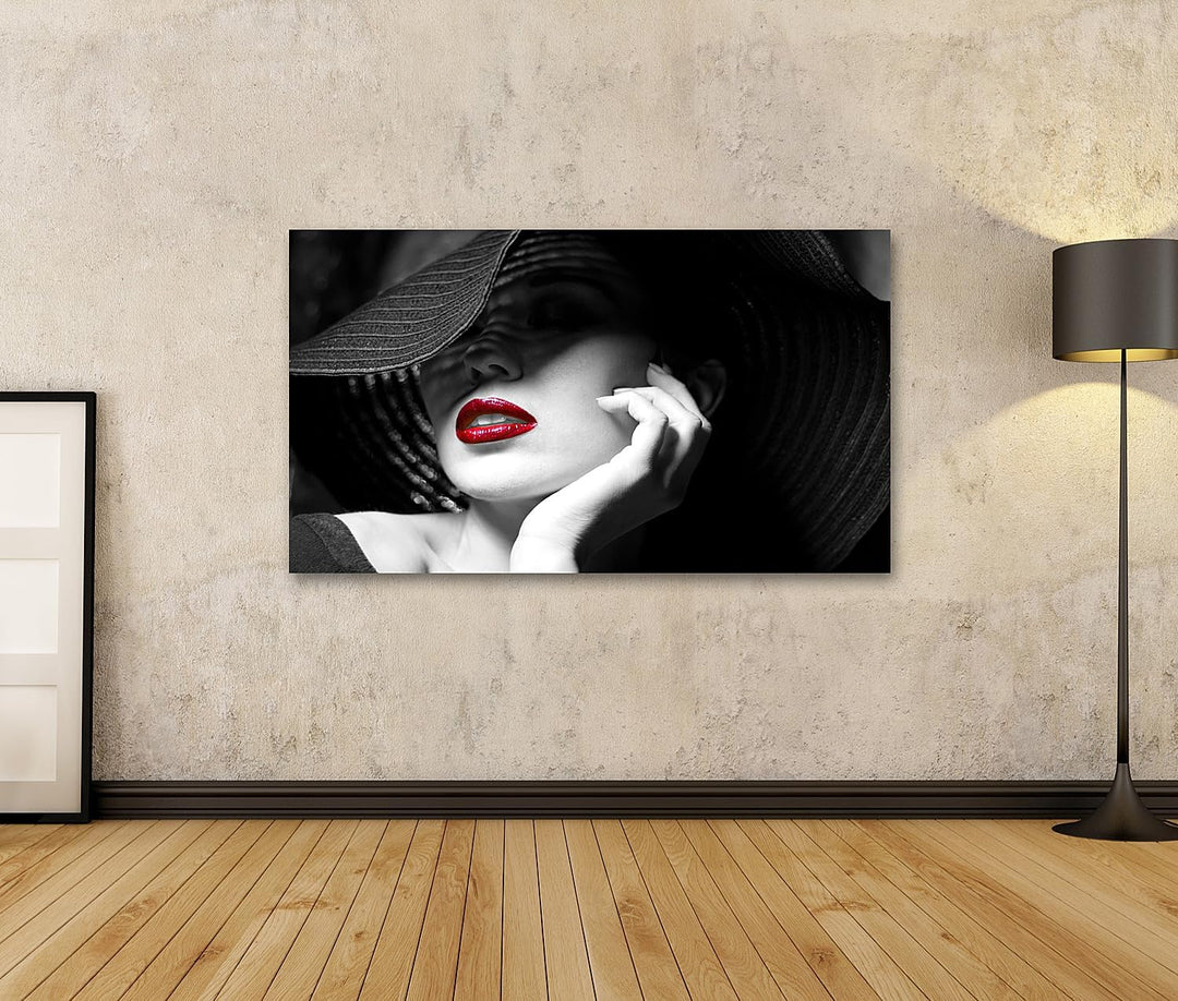 islandburner Leinwandbild Mysteriöse Frau Mit Schwarzem Hut Und Roten Lippen - Leinwand 80x40cm, Lei