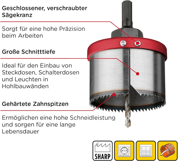 kwb Mehrkranzlochsäge aus Wolframstahl Ø 68, 83 und 100 mm mit guter Schnittleistung, langer Lebensd