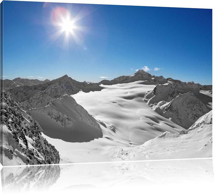 Sonne in den Winterbergen schwarz/weiss Format: 100x70 auf Leinwand, XXL riesige Bilder fertig gerah