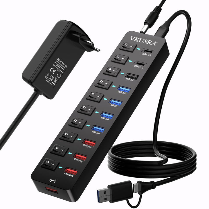 USB Hub mit Netzteil, VKUSRA 11-Port USB C 3.2 Hub mit 10Gbps USB-C 3.2 Datenports*2 und USB 3.2 Dat